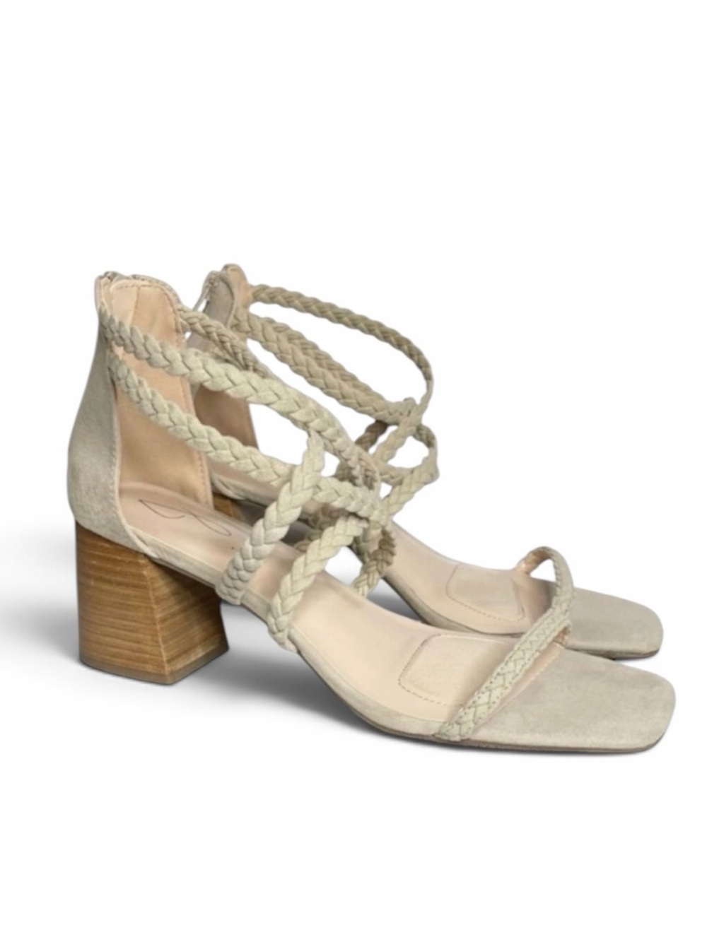JOIE Felina Sandals Taupe Suede Braided Strappy Block Heel Neutral Earth Tones